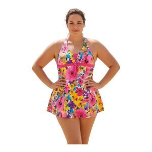 NWT Wantdo Floral Swimsuit Dress 3X 22W-24W One Piece Tie Front Pink Vacation